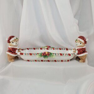 Fitz and Floyd Essentials Peppermint Teddy tidbit cracker dish 13.5 inches tall